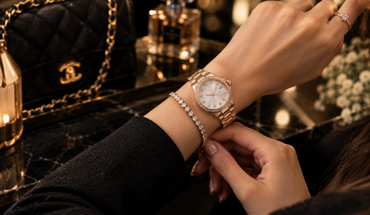 Women's luxury rose gold watch with diamond bracelet